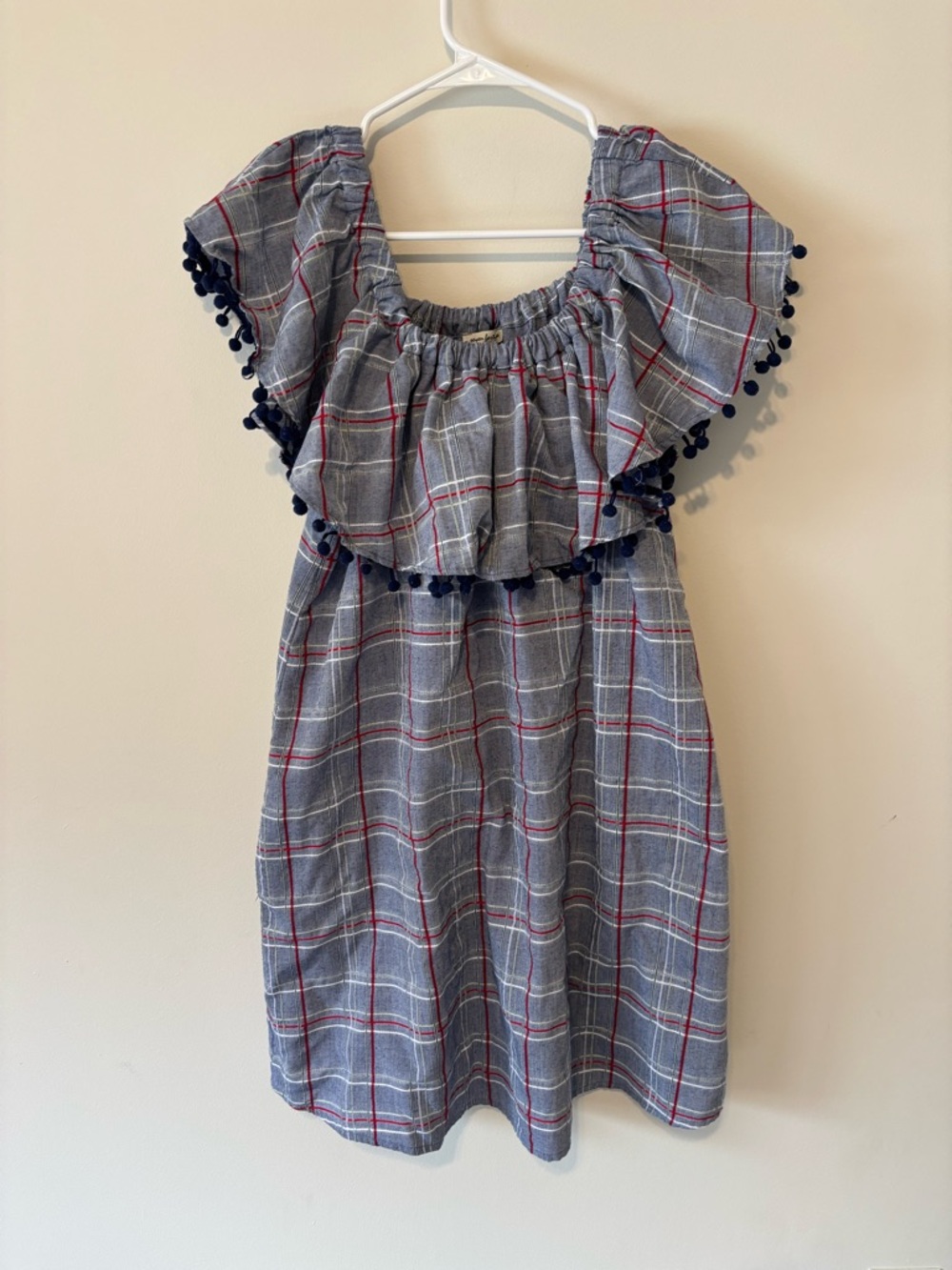 Women’s Red, White & Blue Plaid Pom-Pom Off-Shoulder Dress Size Large